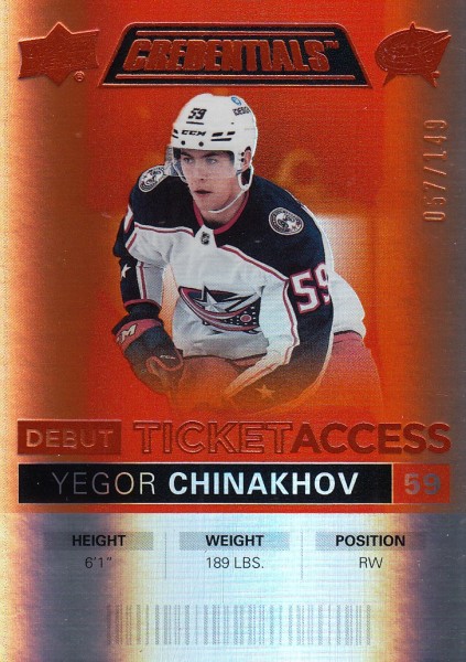 insert RC karta YEGOR CHINAKHOV 21-22 Credentials Debut Ticket Access Orange /149